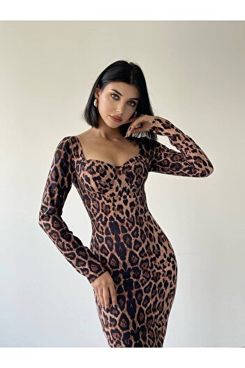 Julidress Νέα σεζόν - Premium μίντι μολύβι φόρεμα με σκούρο λεοπάρ στάμπα, γιακάς καρδιάς, μακρυμάνικο