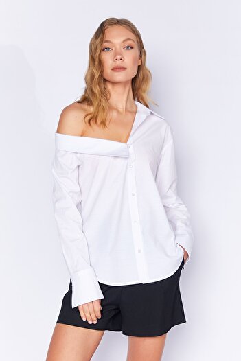EDITION WOMAN Ασύμμετρο Λευκό Πουκάμισο Poplin Lycra - Προσθήκη 1000169256 -9256