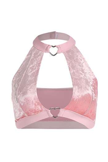 Lolipop Butik Kalpli Lastikli Pembe Kadife Crop Top
