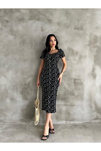EnterStore Rochie de vară cu imprimeu floral, mâneci tip balon, cu detalii de deschidere