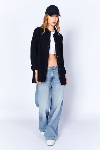 EDITION Μαύρο Muslin Oversize Basic πουκάμισο - Μακρύ πλυμένο, τεμαχισμένο χαλαρό κομμένο |   Εντί 100166905 -6905