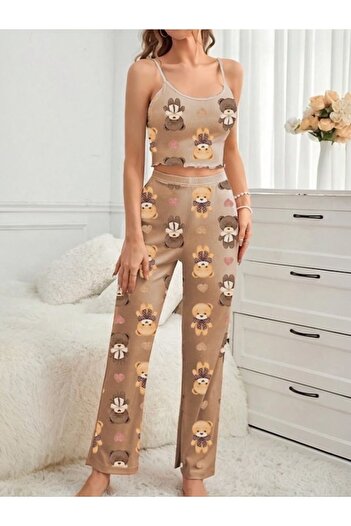 Cesur Women's Strap Long Pajama Set CoffeeWithMilkBear1