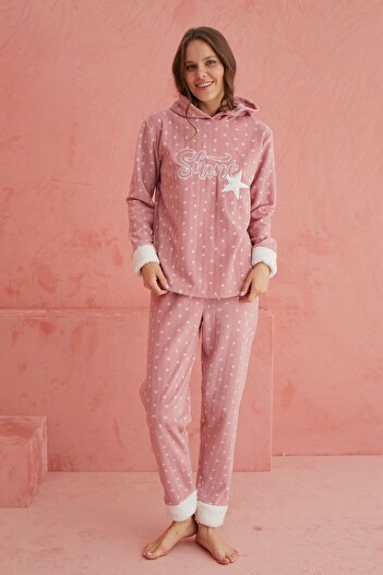 ELİTOL Pudra Shine Yıldız Desenli Bisiklet Yaka Peluş Polar Pijama Takım