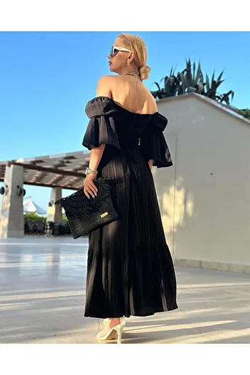 FASHION COCKTAIL Μποέμ μάξι γιορτινό φόρεμα με μισό μανίκι με ανοιχτό ώμο και διπλό κορσέ μέσης