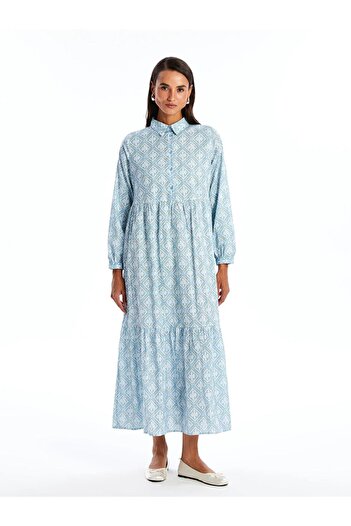LC Waikiki LCW Modest Gömlek Yaka Çiçekli Uzun Kollu Kadın Elbise