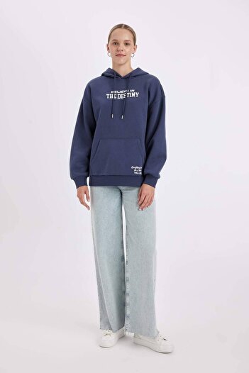 DeFacto Dfc - Hooded Oversize Printed Thick Sweatshirt