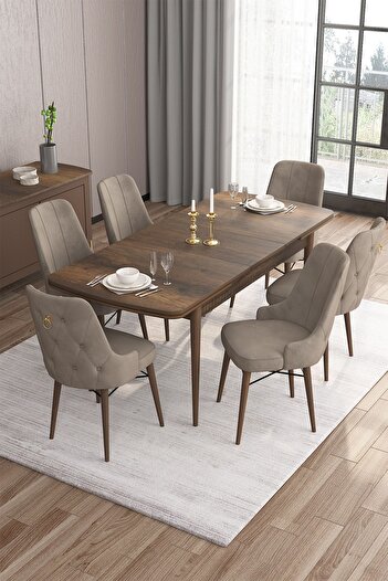 Canisa Concept Are Serisi 80x132 Açılabilir Mdf Barok Ahşap Desen Masa Takımı 6 Cappucino Sandalye Gold Halkalı