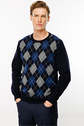 Desen Triko Men's Polo Collar Diamond Patterned Wool Sweater Dark Navy