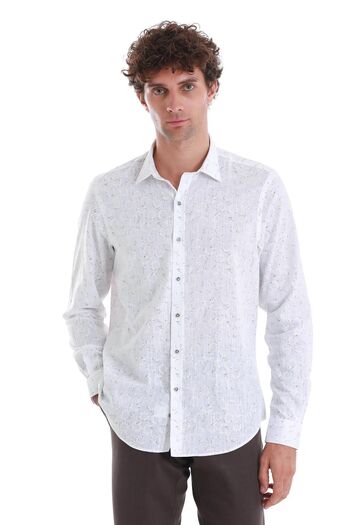 Hatemoğlu White Comfort Fit Printed Slim Collar Long Sleeve Sports Shirt