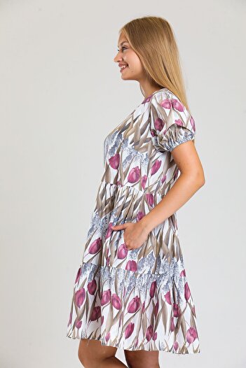 Sense Tulip Print - Elastic Sleeve End and Drop Back Side Pocket Dress| Elb34306 Brown
