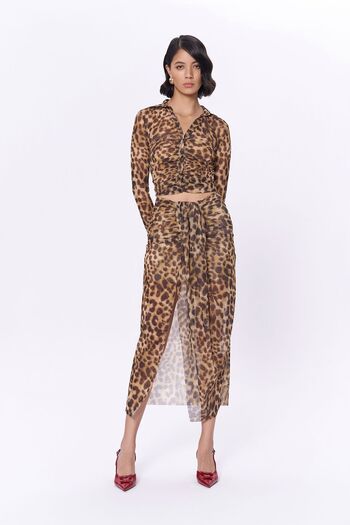 Quzu Brown Leopard Patterned Tulle Slit Skirt