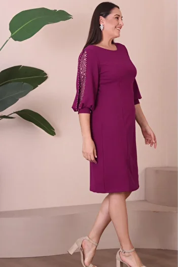 For Big Trend Women's Plus Size Sleeve Pearl Low-cut Detail Pencil Cut Flexible Midi Length Woven Evening Dress