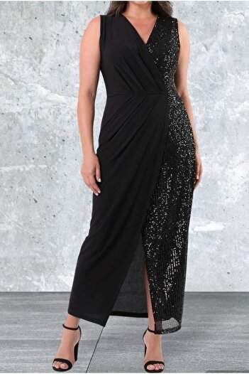 For Big Trend Women's Sequined Blocked Double Breasted Neckline Front Slit Sleeveless Sandy Maxi Evening Dress