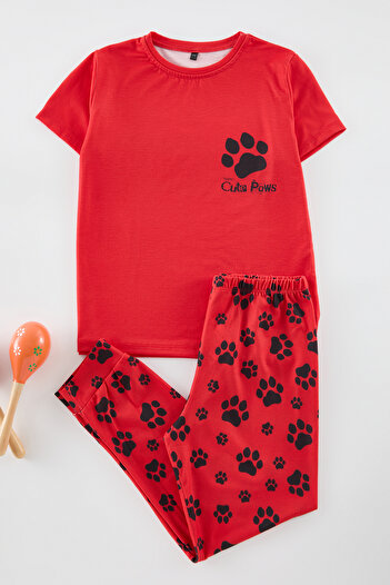 TRENDYOLKIDS Fiú piros nyomott pamut hálóruha szett - TKDAW25AU00112