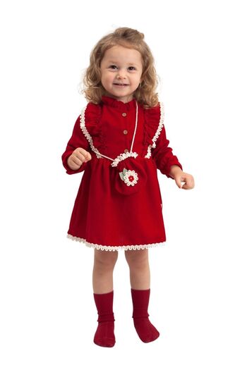 Nehirim Kids Kız Çocuk Çantalı Ve Dantelli Uzun Kollu Kırmızı Mevisimlik Elbise (2-3-4-5 YAŞ)