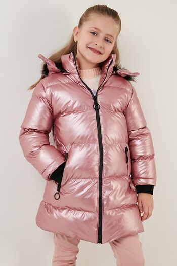 Lela Peluş Astarlı Yakası Suni Kürklü Çıkarılabilir Kapüşonlu Kışlık Mont Kız Çocuk Mont 5761908