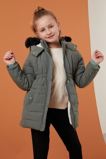 Lela Girl's Coat with Faux Fur Collar Plush Lining Hooded Pocket Coat 6035030