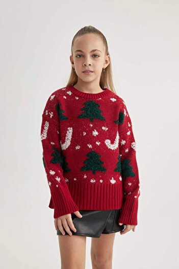 DeFacto Girl's Christmas Themed Crew Neck Knitwear Sweater B2670A823Wn