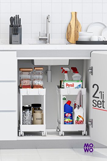 Mowo Home Beyaz 2 Katlı Tekerlekli Düzenleyici 2'li Set Mutfak, Banyo Rafı Tezgah Altı Evye Altı Deterjanlık