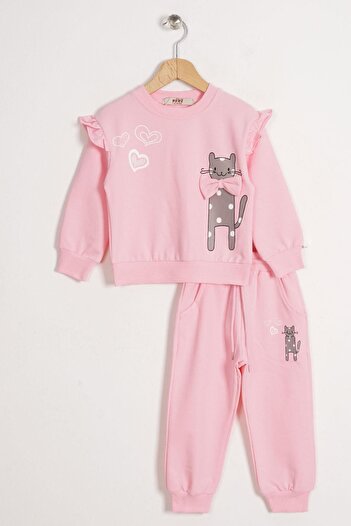 zepkids Crew Neck Long Sleeve Cat Printed Light Pink Color Girl's Tracksuit Set