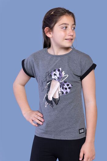 Toontoy Girl's Bow Printed Sleeve Garni Detailed T-Shirt