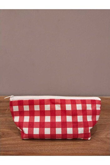 Elbasan Tekstil Red Gingham Washable Zippered Single Eye Cloth Pen Holder Makeup Bag