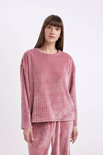 DeFacto Fall In Love Pijama Takım Welsoft Pelüş Basic Uzun Kollu Üst Geniş Bol Paça Beli Lastikli Alt