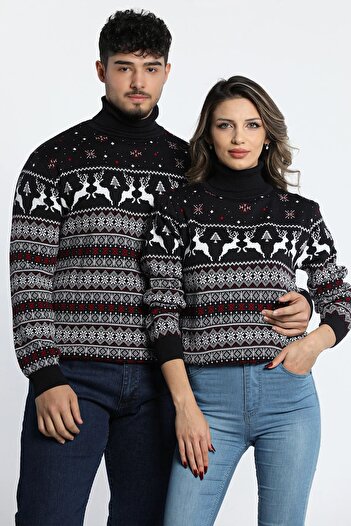 GÜLSELİ Dark Navy Blue Women's Knitwear Sweater - Dear Deer Pattern, Full Turtleneck, Couple Combination