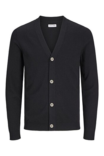 Jack & Jones Men's Black Buttoned Cardigan Strickjacke Einfarbig - 12257492