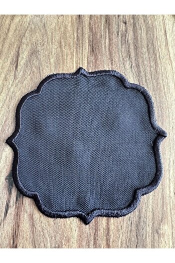 Nurhanhome 6 Pieces Black Color Linen Fabric Coffee Side Cocktail Presentation Napkin with Black Embroidery on the Edges