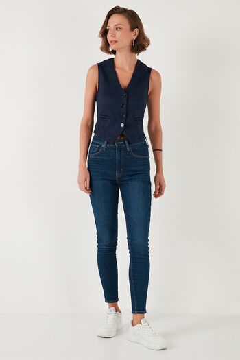 Lela Fitted Scuba Süet V Yaka Düğmeli Yelek Yelek 5865576