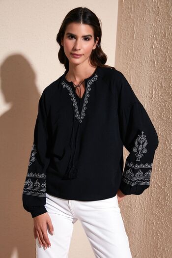 Lela V-Neck Regular Fit Blouse Blouse with Tie-Up Collar and Embroidered Sleeves 611bz0368