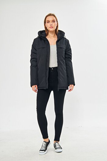 D1fference Women's Hooded Windproof Hooded Black Winter Coat & Coat & Parka