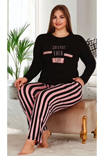 Cooqpoo Black Pink Striped Size 2Xl-3Xl-4Xl Pajama Set