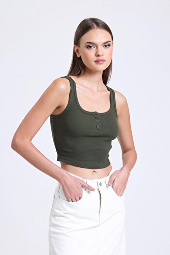 Hiccup Square Neck Ribbed Buttoned Strap Tank Top