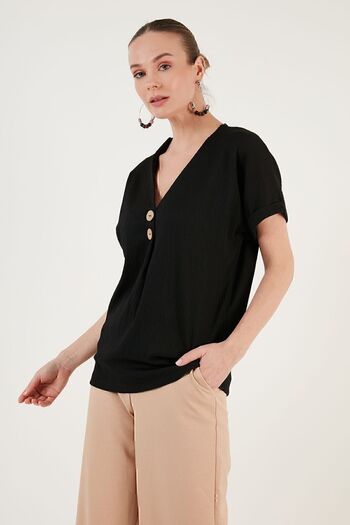 Lela Λεπτομερής μπλούζα με κουμπιά V-Neck BLUZ5865567