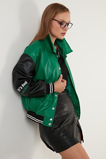 Lela Oversize Pocketed Bomber Faux Leather Coat Leather Coat 6230104