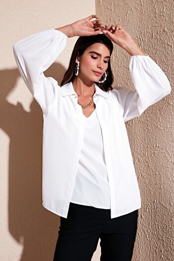 Lela Regular Fit V-Neck Balloon Sleeve Blouse BLUZ 611BZ0353