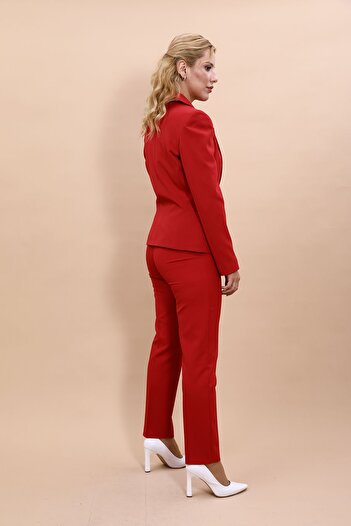 ÖNDER ÖZSOY Plus Size - Collared Single Button Jacket & Tube Leg Pants Set-Red