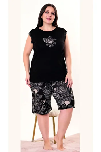 Cooqpoo Black Floral 2Xl-3Xl-4Xl Size Sleeveless Shorts Set