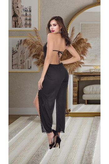 Cooqpoo Women's Black Jumpsuit with Black Lace Back Tie Deep Slit Size S/M-L/Xl