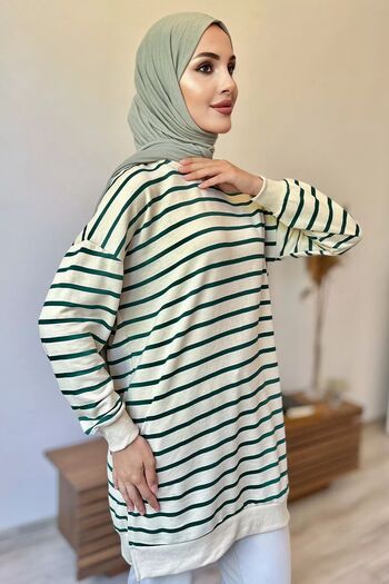 julude Women's Hijab Striped Cream Green Side Slit Tunic