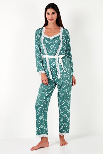 Lela Dantelli Regular Fit Sabahlıklı İp Askılı Pijama Takımı  PİJAMA TAKIMI 65780118