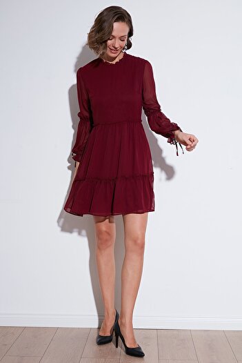 Lela Stand Collar Regular Fit Mini Dress - Gathered and Lined Dress 611el345