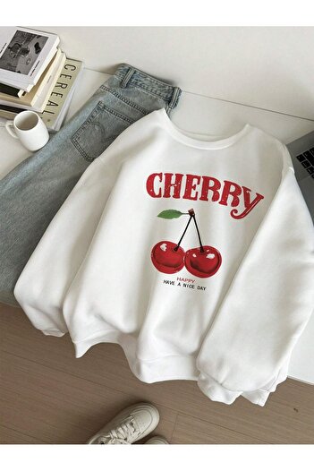 LePold White Cherry Printed Girl's / Boy's Sweatshirt - 3 Thread Bike Collar