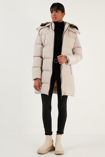 Lela Removable Hooded Pocket Puffer Coat with Faux Fur Collar 5761645