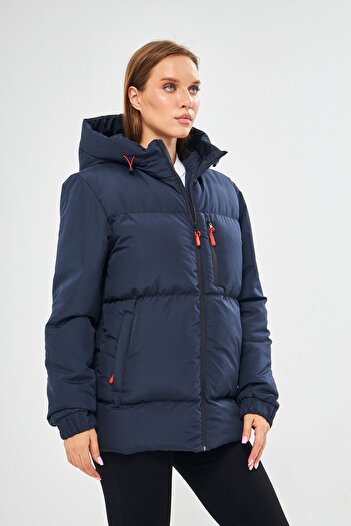 D1fference Women's Navy Blue Lined Hooded Windproof Inflatable Winter Coats