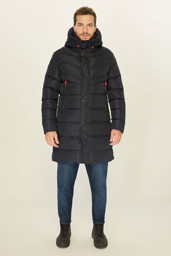 D1fference Navy Blue Puffer Parka – pánský dlouhý zimní kabát s kapucí, větruvzdorný a vlákny plněný