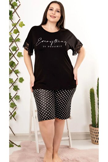 Cooqpoo Black Polka Dot Print 2Xl-3Xl-4Xl Size Short Sleeve Shorts Suit