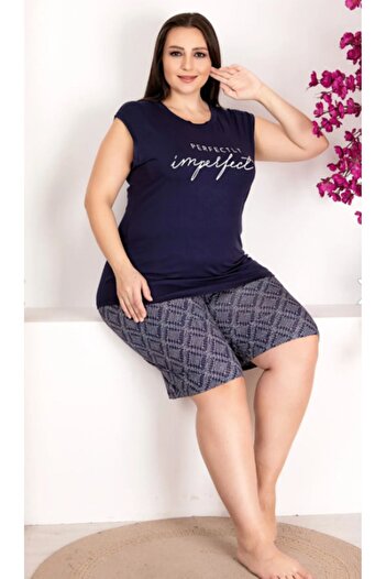 Cooqpoo Navy Blue Print 2Xl-3Xl-4Xl Size Sleeveless Shorts Suit
